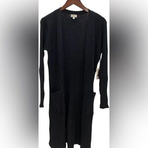 Elegant Black Ribbed Knit Duster Cardigan